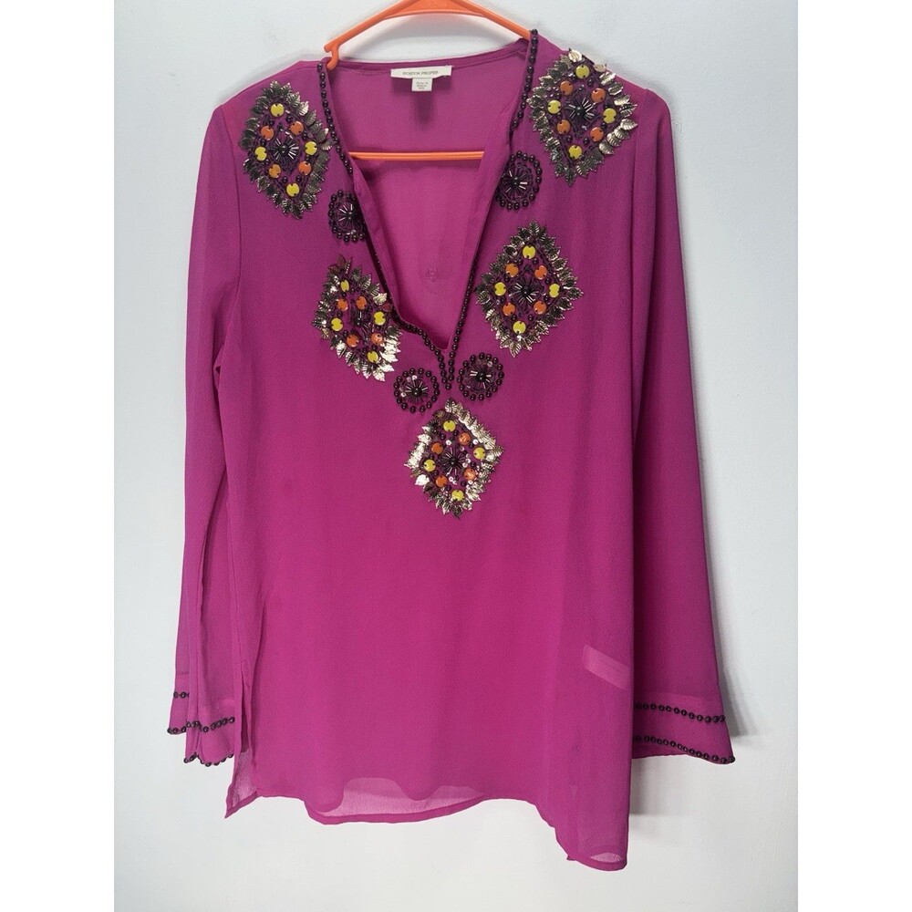 BOSTON PROPER Women’s SHEER EMBELLISHED V NECK TUNIC Top HOT PINK Sz S (flaw)